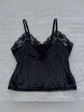 VTG Black Lace Trim Satin Cami top embellished goth whimsy fairy whimsygoth M